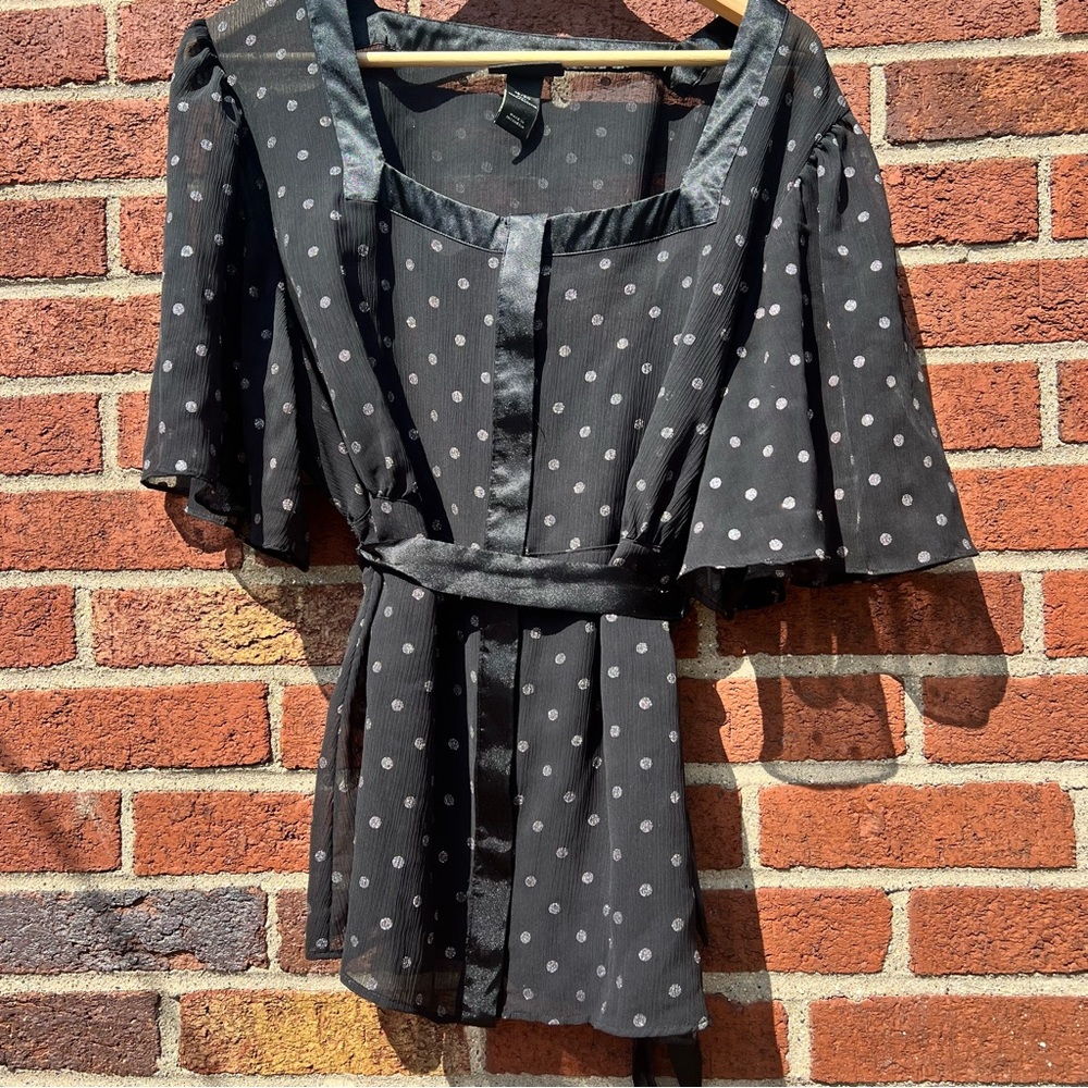 Lane Bryant Women's Short Sleeve Sheer Blouse Black Ribbon Tie Waist Size 18/20